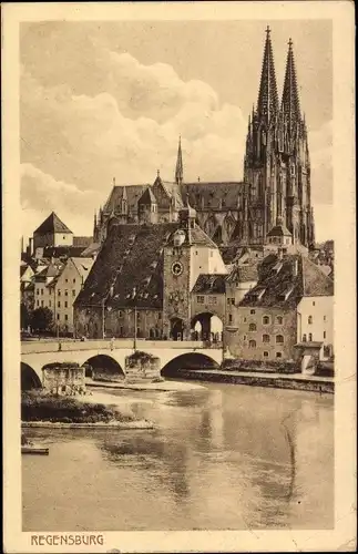 Ak Regensburg an der Donau Oberpfalz, Stadtansicht mit Brücke, Kirche, Fluss
