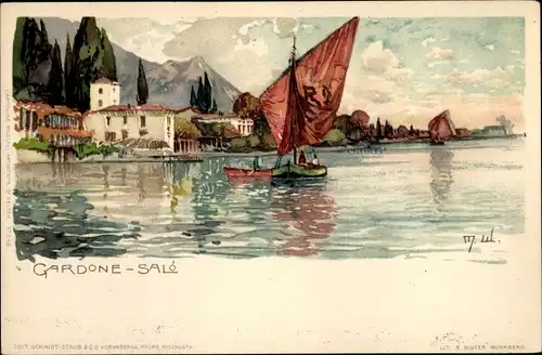 Künstler Litho Wielandt, Gardone Riviera Lombardia, Stadt am Ufer, Segelboote