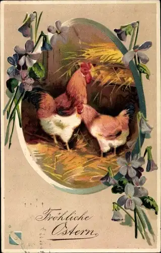 Präge Ak Glückwunsch Ostern, Hühner im Hühnerstall, Veilchen