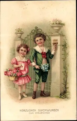 Ak Glückwunsch Geburtstag, Gratulanten, Blumen, Rosen, Geschenke