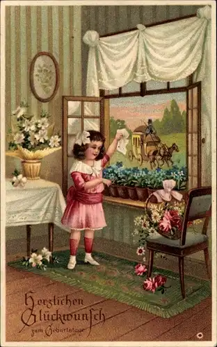 Ak Glückwunsch Geburtstag, Mädchen am Fenster, Blumen, Postkutsche