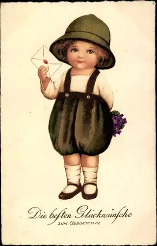 Ak Glückwunsch Geburtstag, Kind mit Brief und Blumen