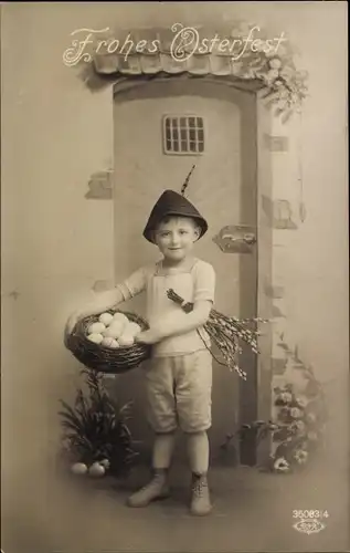 Ak Glückwunsch Ostern, Junge, Ostereier, Weidenkätzchen