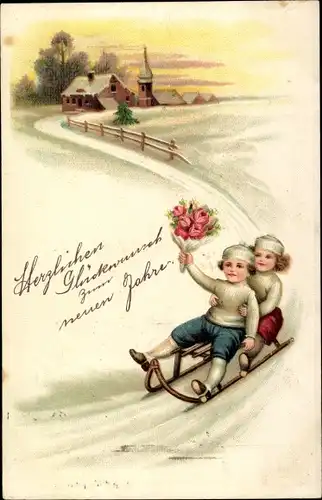Ak Glückwunsch Neujahr, Kinder fahren Schlitten