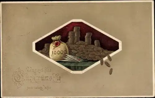 Präge Litho Glückwunsch Neujahr, Münzen, Geldsack