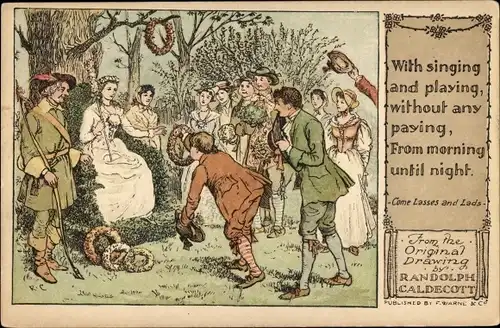Gedicht Künstler Ak Caldecott, Randolph, Come Lasses and Lafs, with singing and playing
