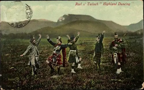 Ak Reel o' Tulloch, Highland Dancing, tanzende Schotten in Volkstrachten