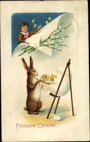 Präge Ak Glückwunsch Ostern, Hase bemalt ein Osterei, Junge, Weidenkätzchen