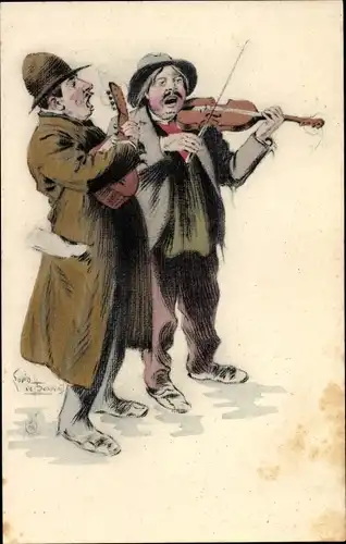 Künstler Ak Beauvais, Straßenmusiker, Zwei Männer mit Gitarre und Geige