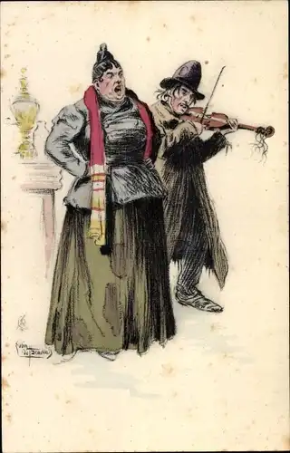 Künstler Ak Beauvais, Straßenmusiker, Mann mit Geige, singende Frau