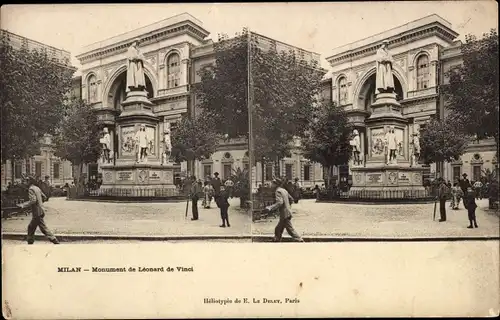 Stereo Ak Milano Mailand Lombardia, Monument de Leonard da Vinci