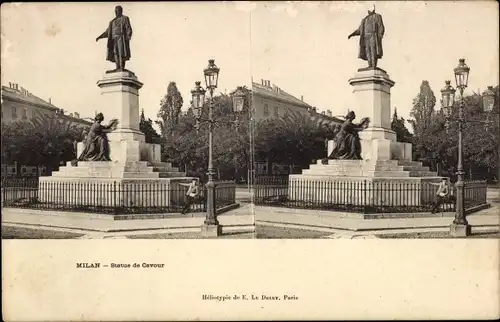 Stereo Ak Milano Mailand Lombardia, Statue de Cavour