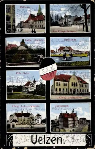 Ak Uelzen in Niedersachsen, Rathaus, Kriegerdenkmal, Luther Denkmal, Villa Pistor, Amtsgericht