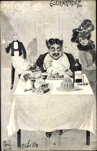 Künstler Ak Gourmandise, Mann im Restaurant, Kellner