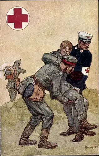 Künstler Ak Sanitäter mit verwundetem Soldat, Rotes Kreuz, Württemb. Landesverband 1914