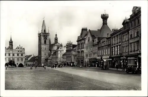 Ak Leitmeritz Region Aussig, Marktplatz, Rathaus, Läden