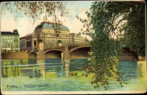 Litho Praha Prag, Narodni divadlo, Staatstheater, Brücke