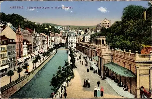 Ak Karlovy Vary Karlsbad Stadt, Mühlbrunnen Kolonnade, Mühlbrunnenquai, Kreuzstraße