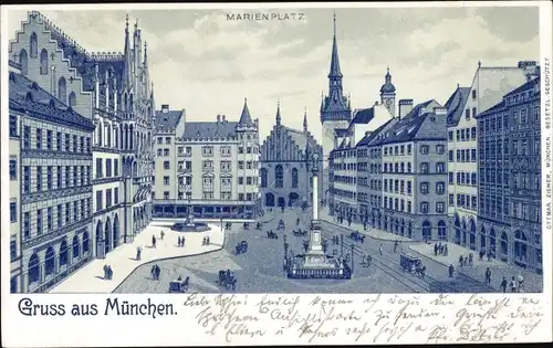 Litho München, Marienplatz, Rathaus