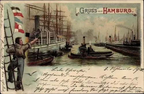 Litho Hamburg, Hafenpartie, Dampfer, Segelschiffe, Seemann