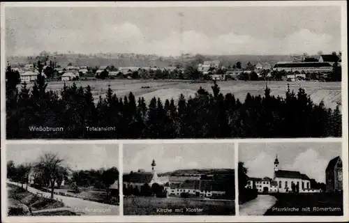 Ak Wessobrunn in Oberbayern, Totalansicht, Kirche mit Kloster, Pfarrkirsche mit Römerturm