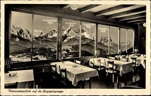 Ak Krün in Oberbayern, Hotel-Pension Terrassencafe Schönblick, Terrassenausblick, Zugspitzgruppe