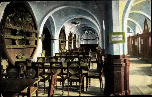 Ak Bremen, Blick in den Ratskellern, Faß, Tische, Saal