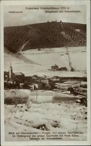 Ak Oberwiesenthal im Erzgebirge, Fichtelberg, Wetterwarte, Haus Elinor, Schwebebahn, Winter
