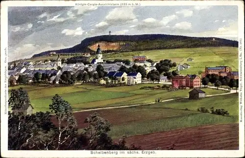Künstler Ak Scheibenberg im Erzgebirge, Panorama, Königin Carola Aussichtsturm