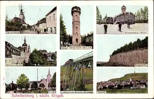 Ak Scheibenberg Erzgebirge, Königin Karola Turm, Pfarrhaus, Orgelpfeifen, Eisenbahnbrücke, Rathaus