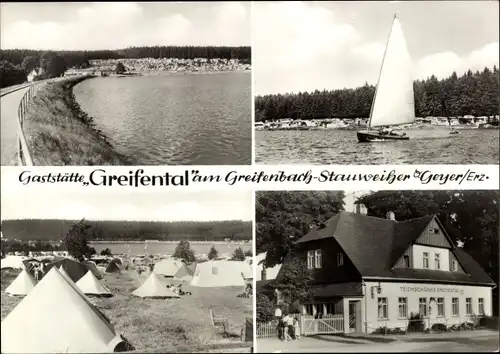 Ak Geyer im Erzgebirge Sachsen, Gaststätte Greifenthal am Greifenbach-Stauweiher, Zeltplatz, Boote