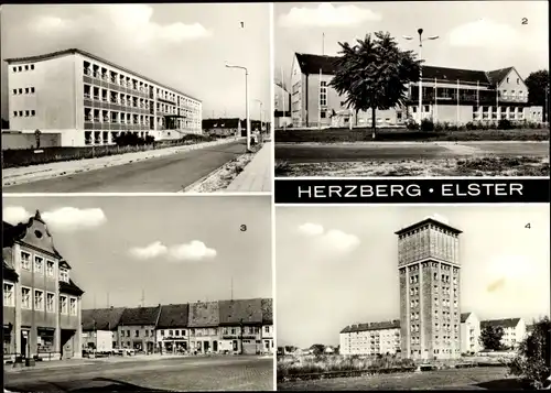 Ak Herzberg Elster, POS Juri Gagarin, Karl Marx Platz, Kulturhaus, Wasserturm, Schulsternwarte