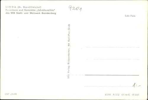Ak Linda Brand Erbisdorf, Ferienheim Gaststätte Schrödermühle, VEB Stahl- u. Walzwerk Brandenburg