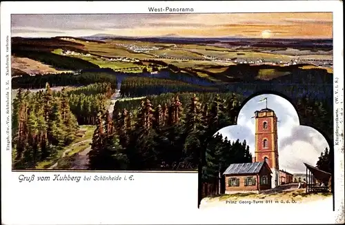 Künstler Ak Schönheide im Erzgebirge Sachsen, West Panorama vom Kuhberg aus, Prinz Georg Turm