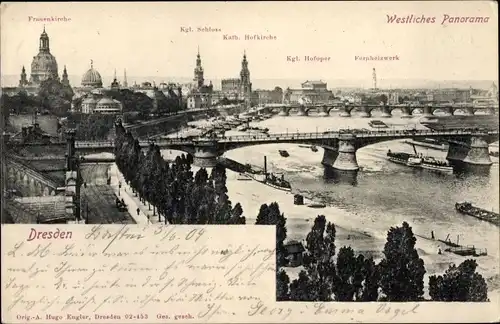 Ak Dresden, Frauenkirche, Kgl. Schloss u. Hofoper, Kath. u. Hofkirche, Fernheizwerk, westl. Panorama