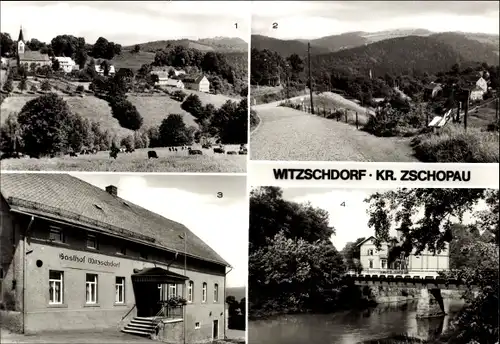 Ak Witzschdorf Gornau im Erzgebirge, Blick zum Wiesengrund, Gasthof Witzschdorf, Zschopaubrücke