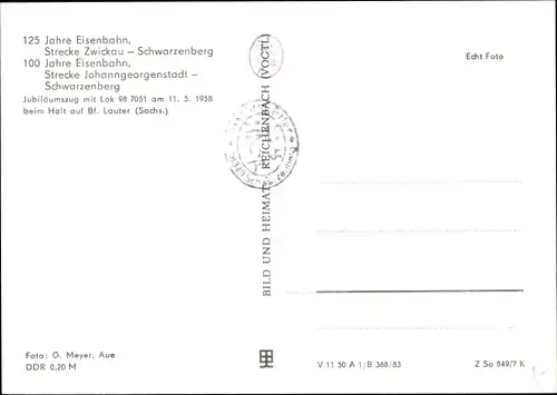 Ak Lauter Bernsbach im Erzgebirge Sachsen, Jubiläumszug mit Lok 98 7051 am 11.05.1958