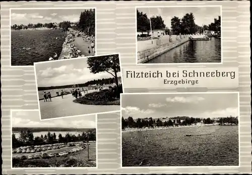 Ak Neustädtel Schneeberg im Erzgebirge, Bergsee Filzteich, Ufer, Parkplatz, Boote