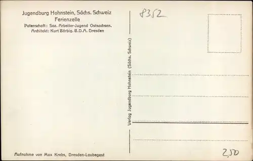 Ak Hohnstein in der Sächsischen Schweiz, Jugendburg Hohnstein, Ferienzelle