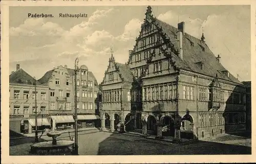 Ak Paderborn in Westfalen, Rathausplatz, Giebelhaus, Brunnen