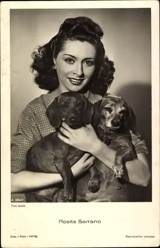 Ak Schauspielerin Rosita Serrano, karierte Bluse, Dackel