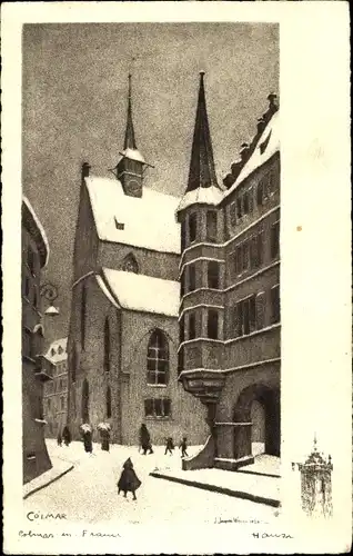 Künstler Ak Hansi, Jean Jacques Waltz, Colmar Kolmar Elsass Haut Rhin, Straßenpartie, Winter