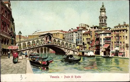 Litho Venezia Venedig Veneto, Ponte di Rialto, Gondeln