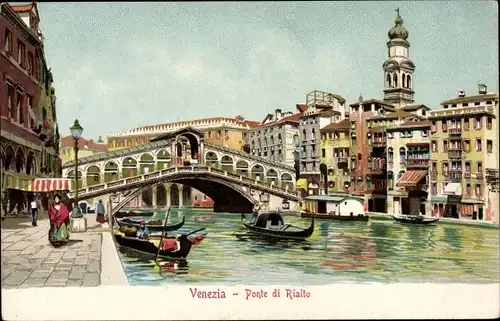 Litho Venezia Venedig Veneto, Ponte di Rialto, Gondeln