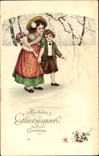 Ak Glückwunsch Geburtstag, Kinder, Gratulanten, Blumenstrauß