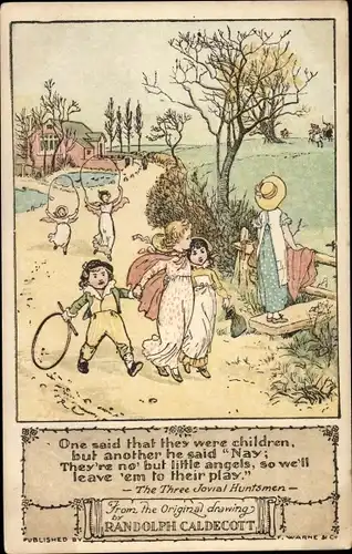 Gedicht Künstler Ak Caldecott, Randolph, The Three Jovial Huntsmen, Kinder mit Reifen