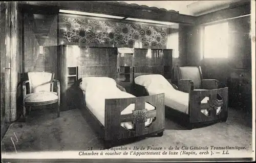 Ak Paquebot Ile de France, CGT French Line, Chambre a coucher de l'Appartement de luxe