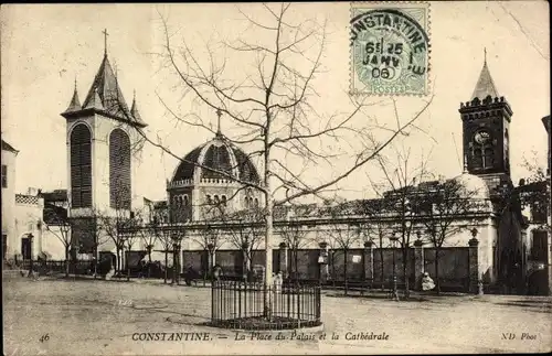 Ak Constantine Algerien, La Place du Palais et la Cathedrale