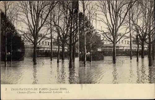 Stereo Ak Paris, Inondations de Paris, Janvier 1910, Champs-Elysees, Restaurant Ledoyen