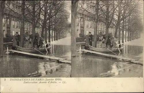 Stereo Ak Paris, Inondations de Paris, Janvier 1910, Embarcation Avenue d'Antin
